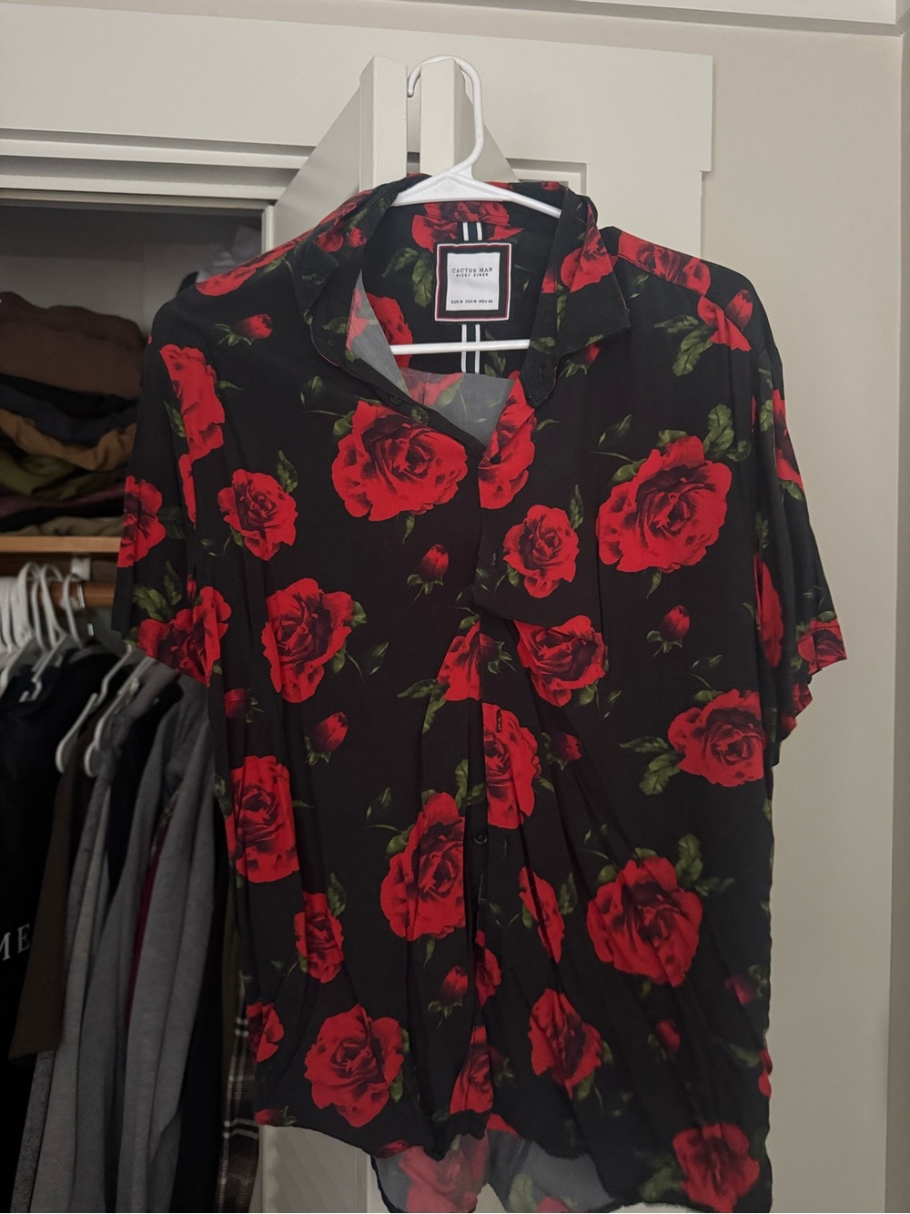 Cactus Red Rose Print Black Button-Up